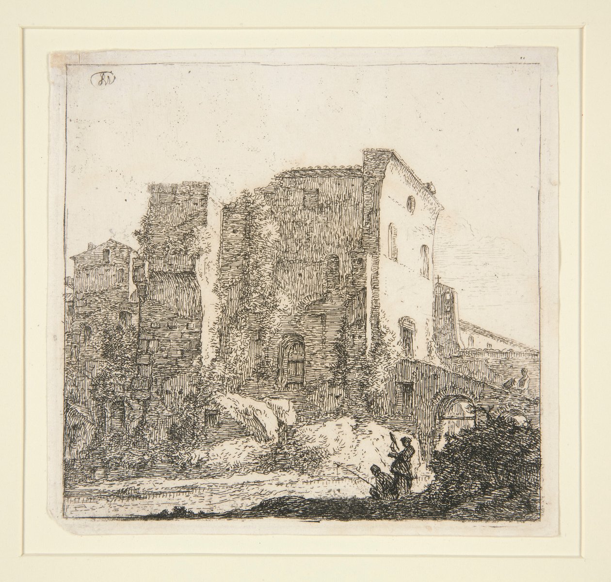 Landschap met ruïnes, met een visser door Thomas Wijck