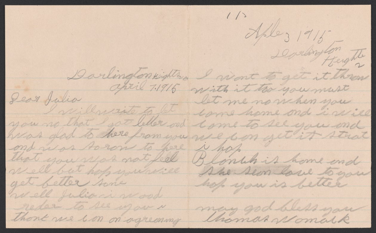 Brief van Thomas Womack aan Julia Womack met envelop, 7 april 1915 door Thomas Womack