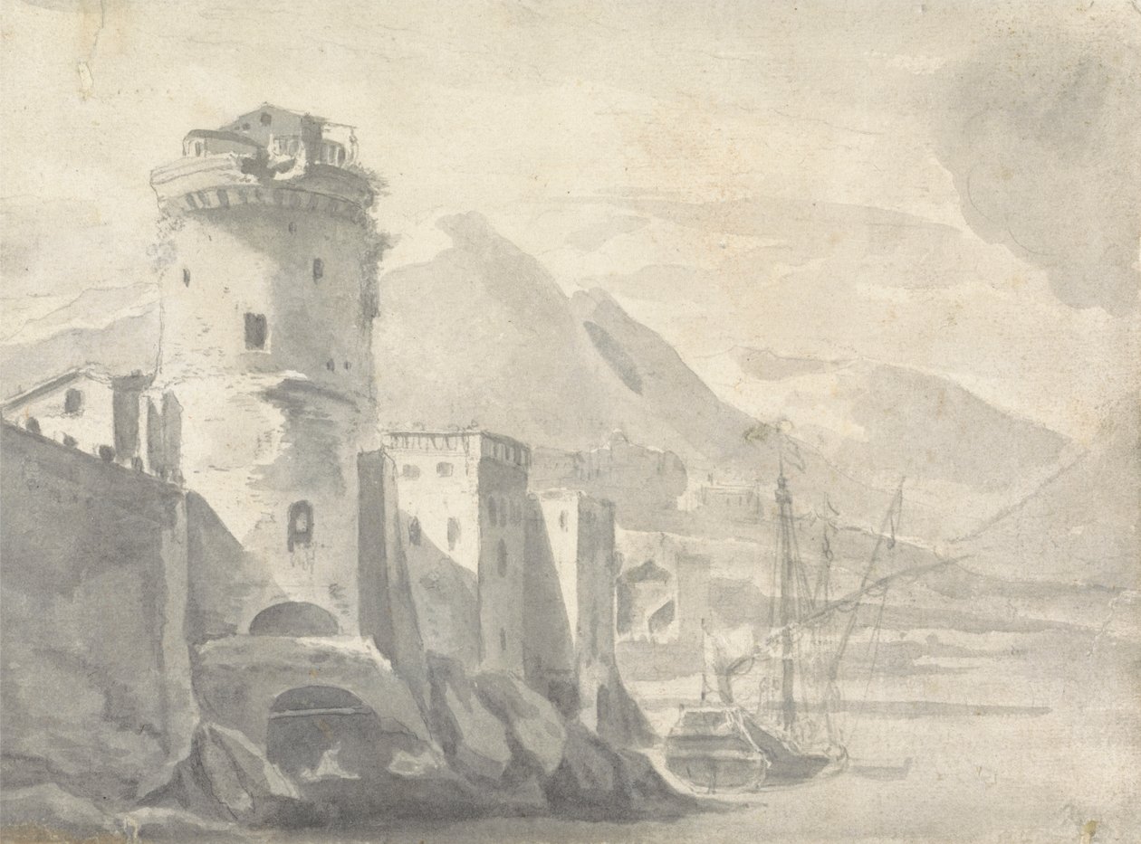 Versterkte Gebouwen die Steil Oprijzen van een Rivieroever (in Italië?) met Boot in het Midden en Verre Bergen door Thomas Wyck