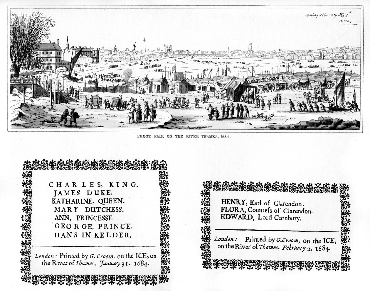 Frost fair op de rivier de Theems, en voorbeelden van drukwerk, februari 1684, 1840 door Thomas Wyck