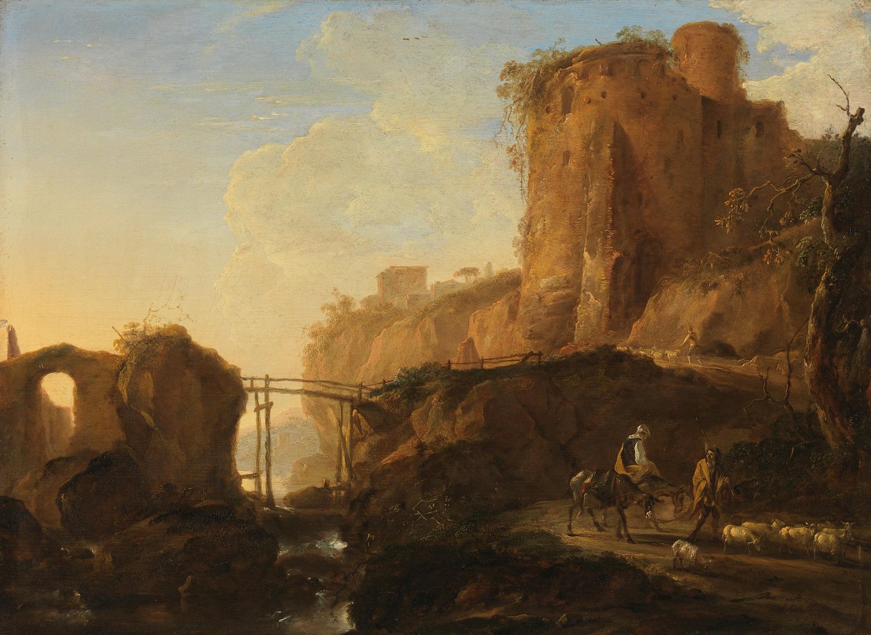 Geïtalianiseerd landschap met brug en kasteelruïne door Thomas Wyck