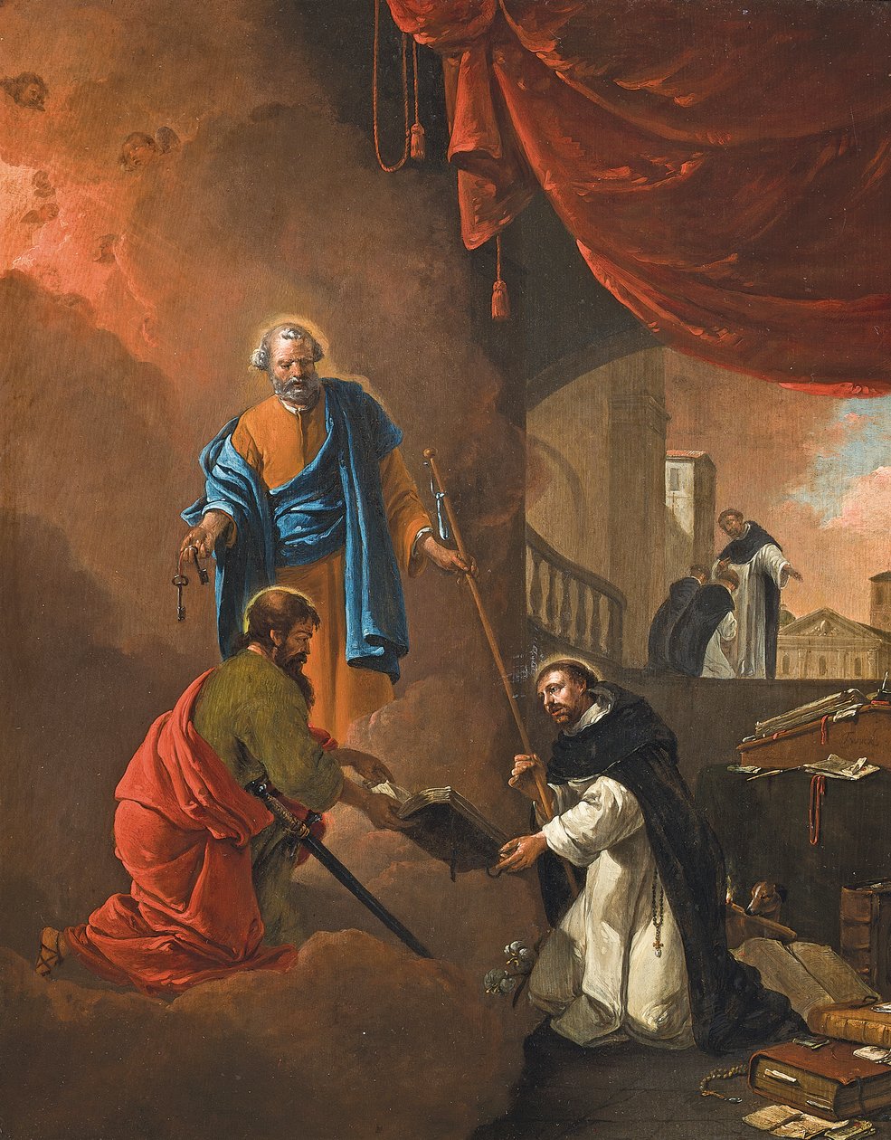 Het visioen van Sint Dominicus, met Sint Dominicus die twee missionaire ...
