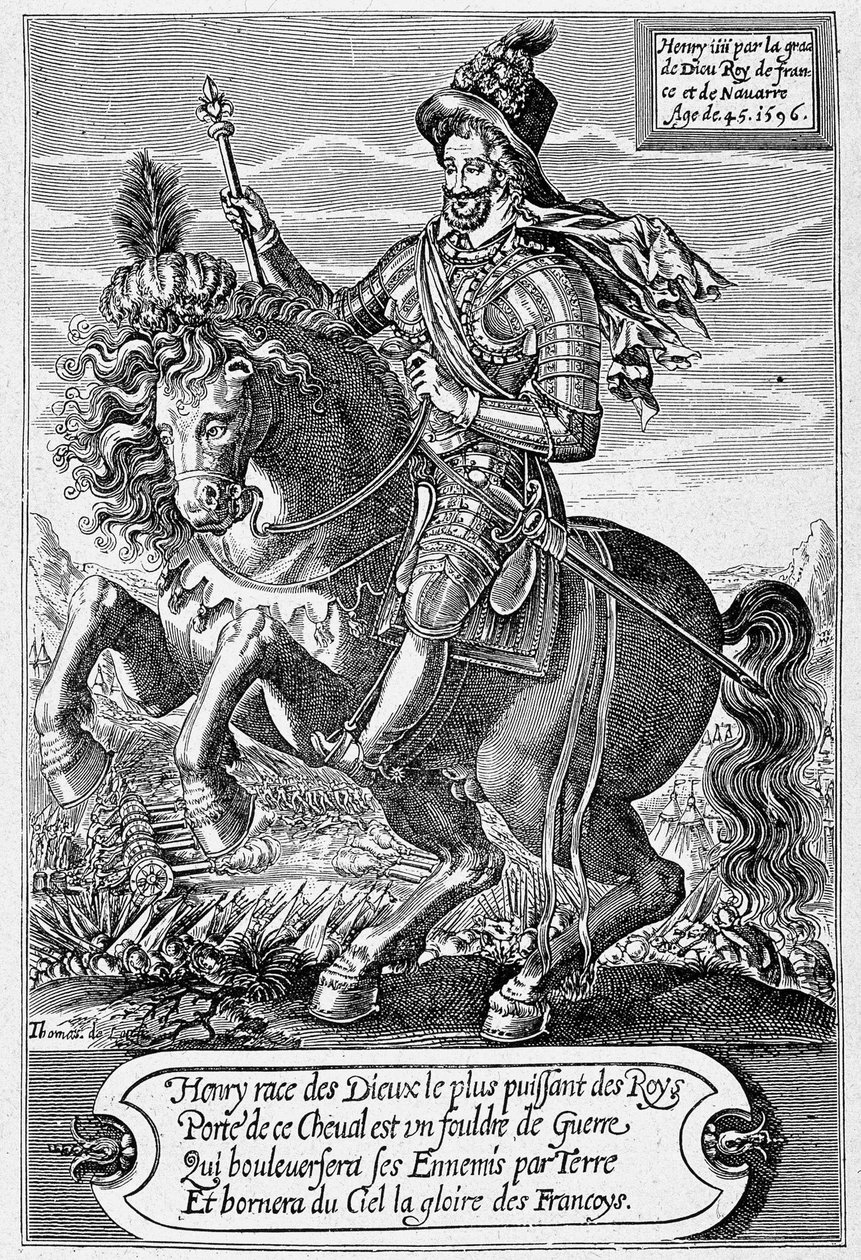 Portret van Hendrik IV (1553 - 1610) (te paard) op 45-jarige leeftijd, gegraveerd door Thomas de Leu door Thomas de Leu