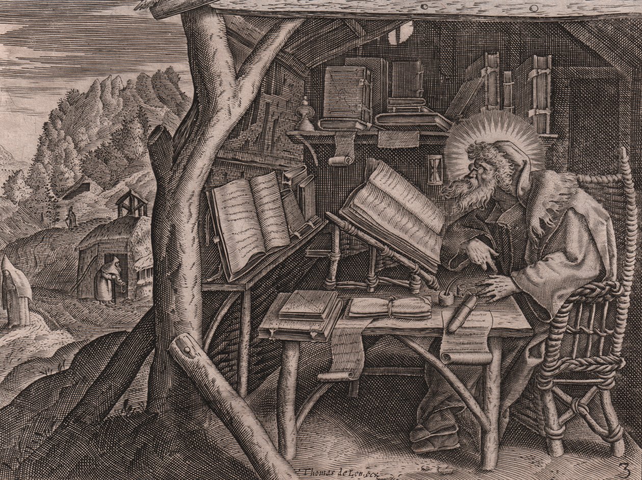 Sint Evagrius Ponticus verdiept in zijn studies, ets en burijn door Thomas de Lieu (1560-1612) door Thomas de Leu