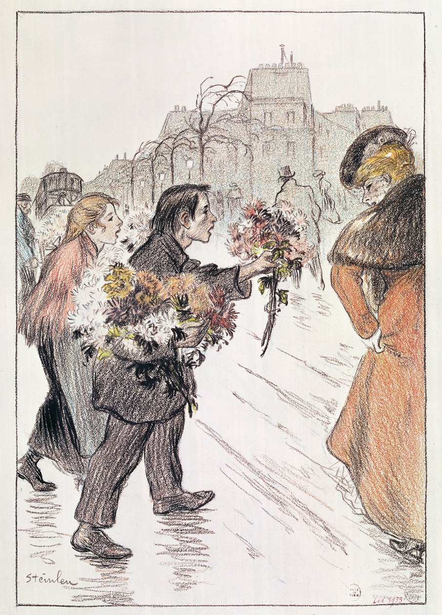 Bloemisten wandelen rond de buitenste Boulevards door Théophile Alexandre Steinlen