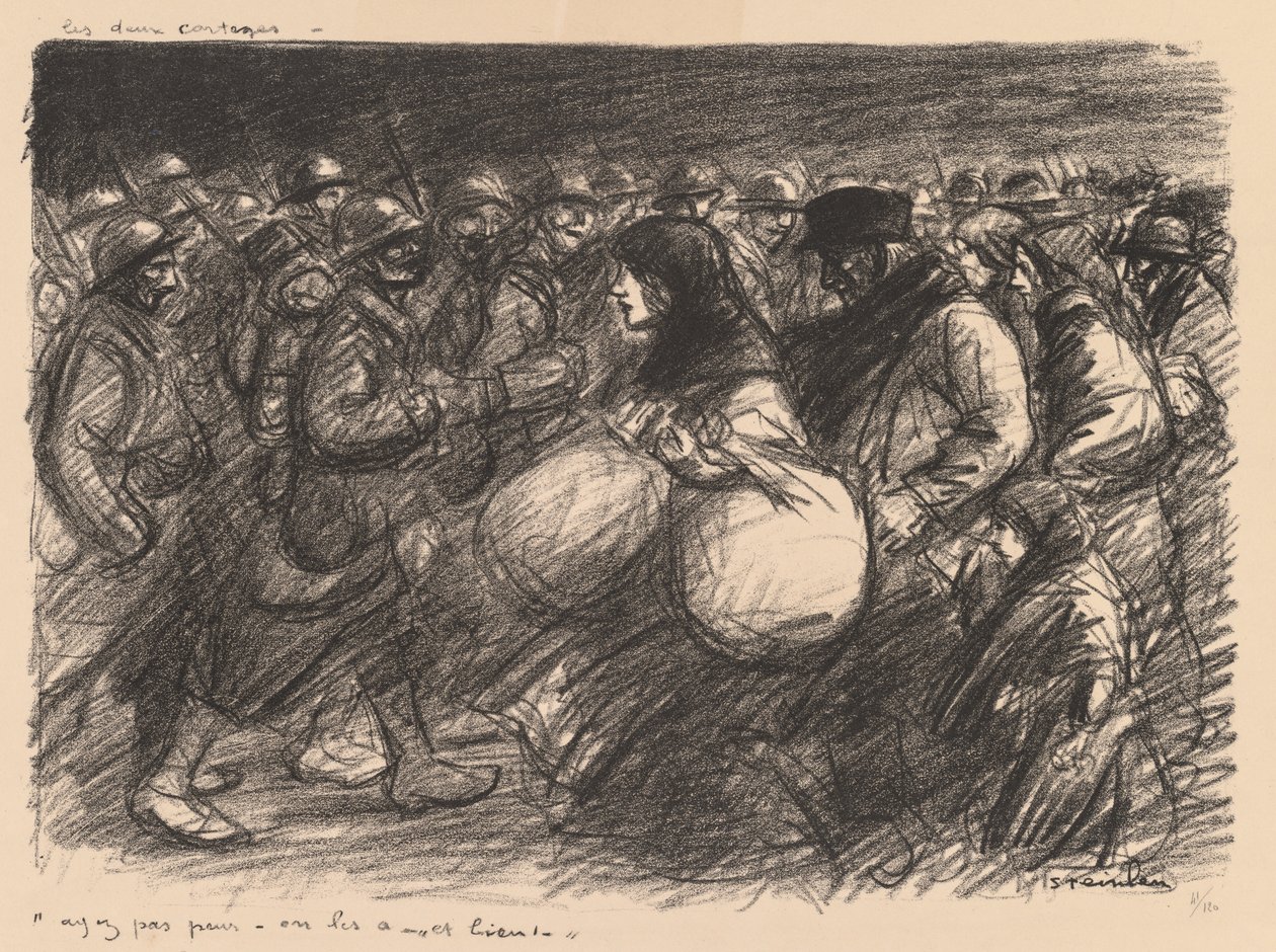 Oorlogsschetsen: De twee processies (Sketches de guerre: Les deux cortèges - "Ayez pas peur - on les a - et bien!") door Théophile Alexandre Steinlen