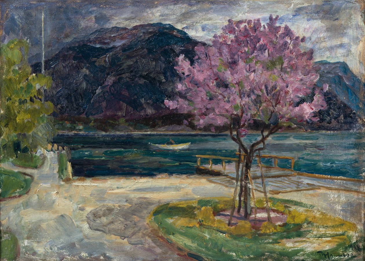 Kustlandschap met bloeiende amandelboom door Thorolf Holmboe