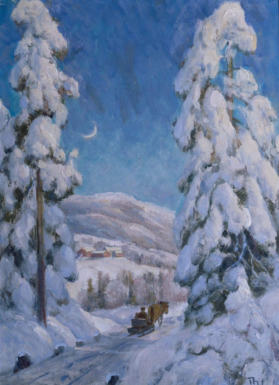 Paard en slee in winterlandschap door Thorolf Holmboe