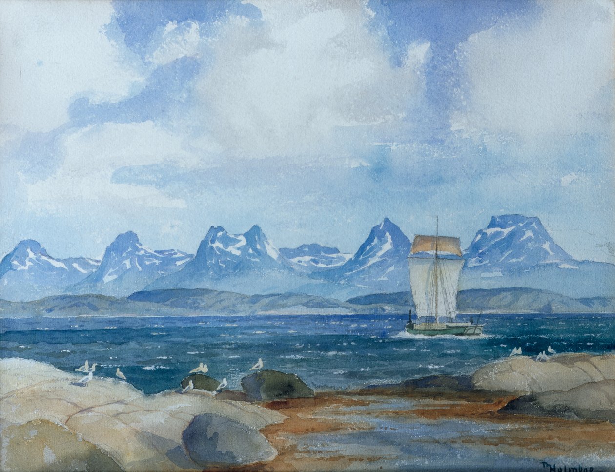 Noordelijke vissersboot in fjordenlandschap (foto) door Thorolf Holmboe