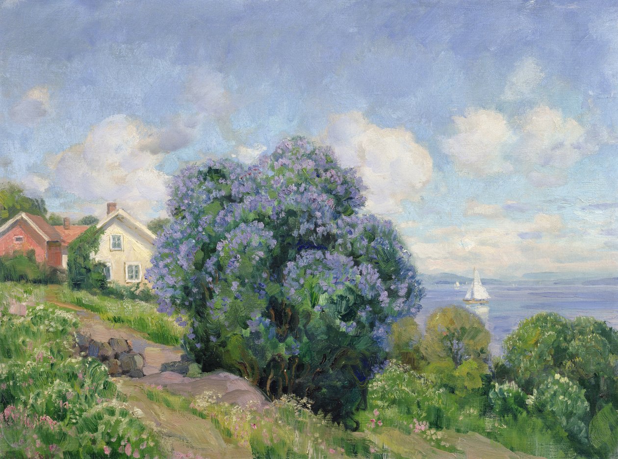 Zomerlandschap met seringstruik, huis en zeilboot door Thorolf Holmboe