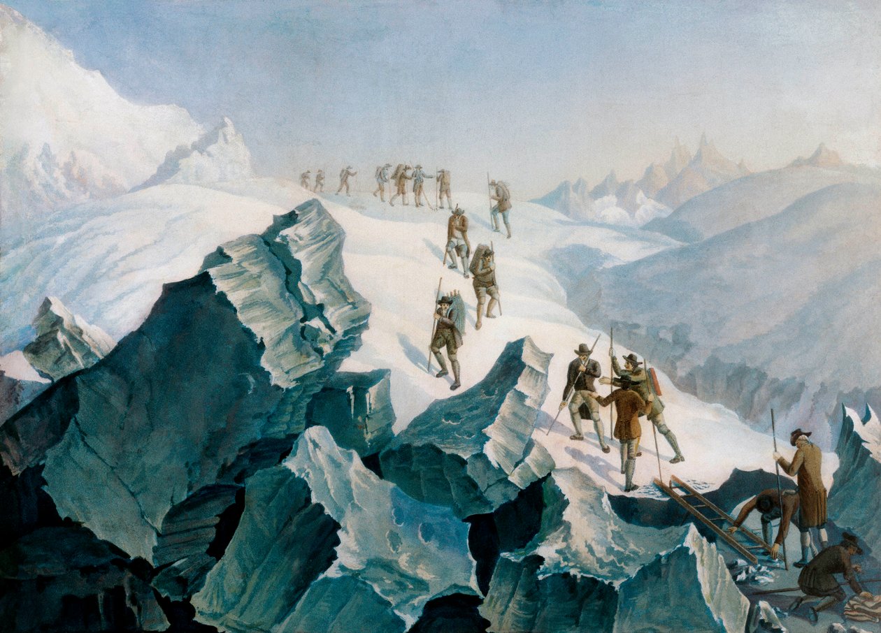 Afdaling van Horace Benedict de Saussure, zijn zoon en gidsen van de Mont Blanc, aug. 1787 door Tiberius Dominikus Wocher