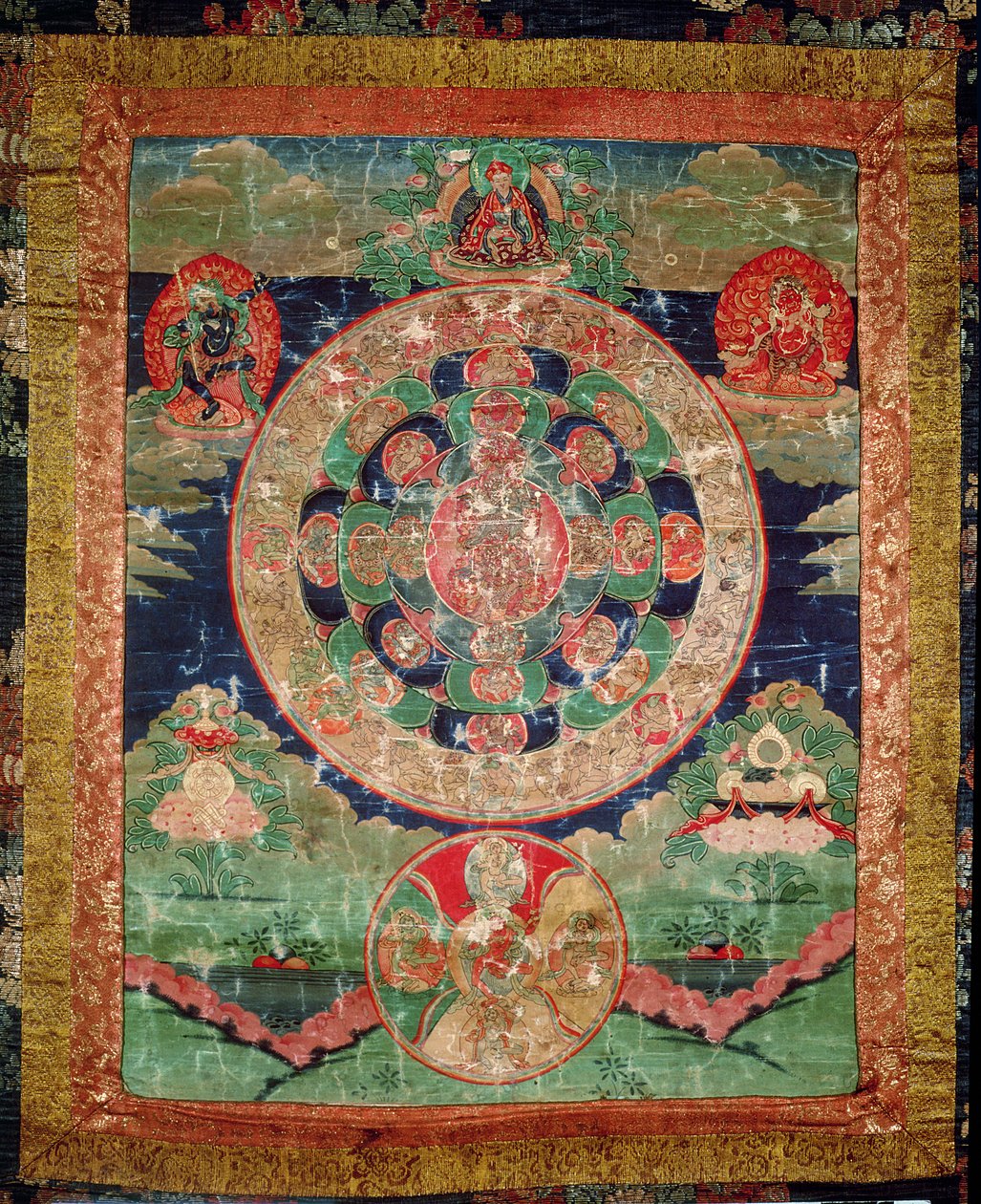 Bardo Mandala, Thangka die de periode tussen dood en reïncarnatie toont (gouache op doek) door Tibetan School