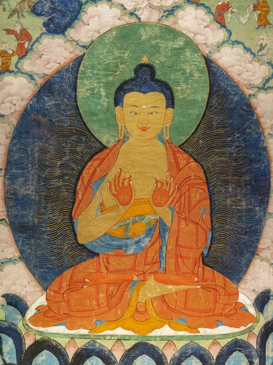 Boeddha en drie Jakata: Mahakapi, Ruru, Shaabhamiga door Tibetan School