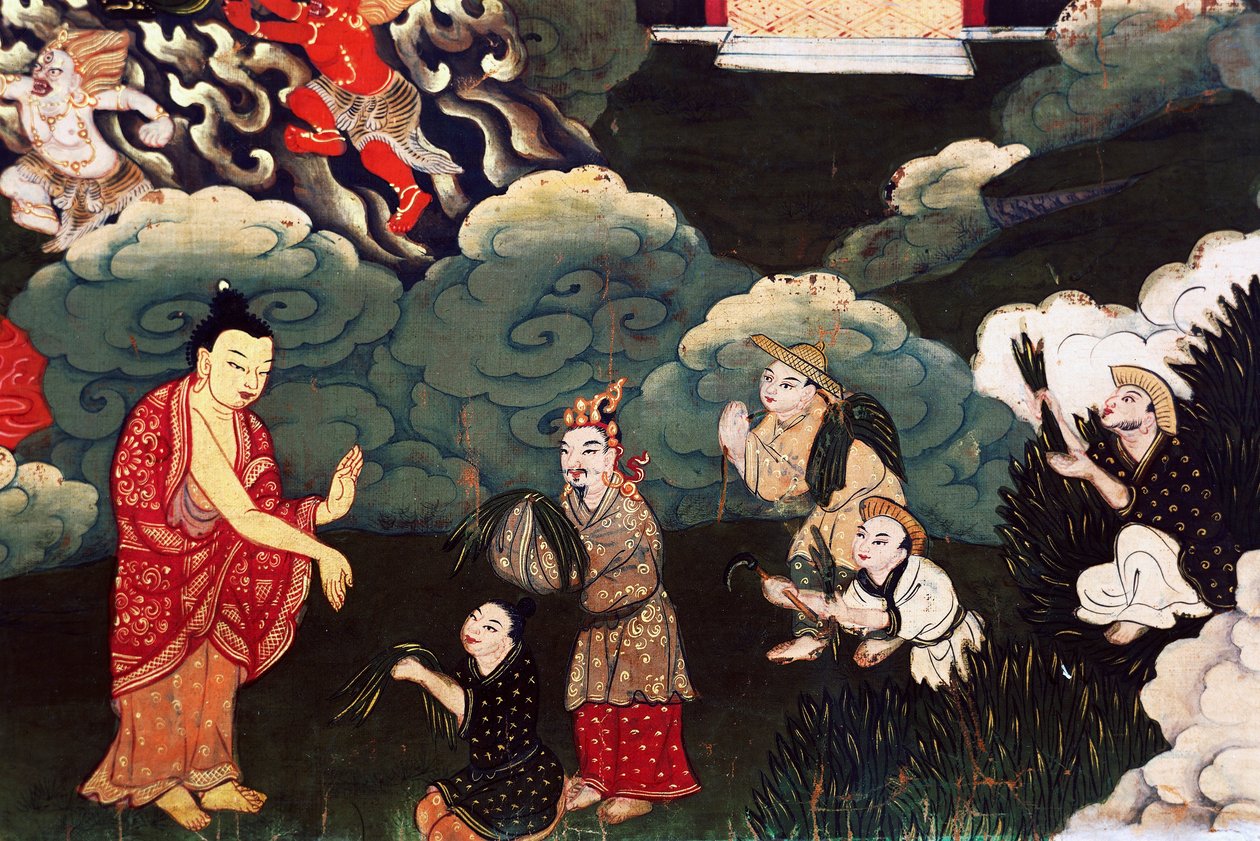 Aanbieden van grasbossen, scènes uit het leven van Boeddha Shakyamuni door Tibetan School