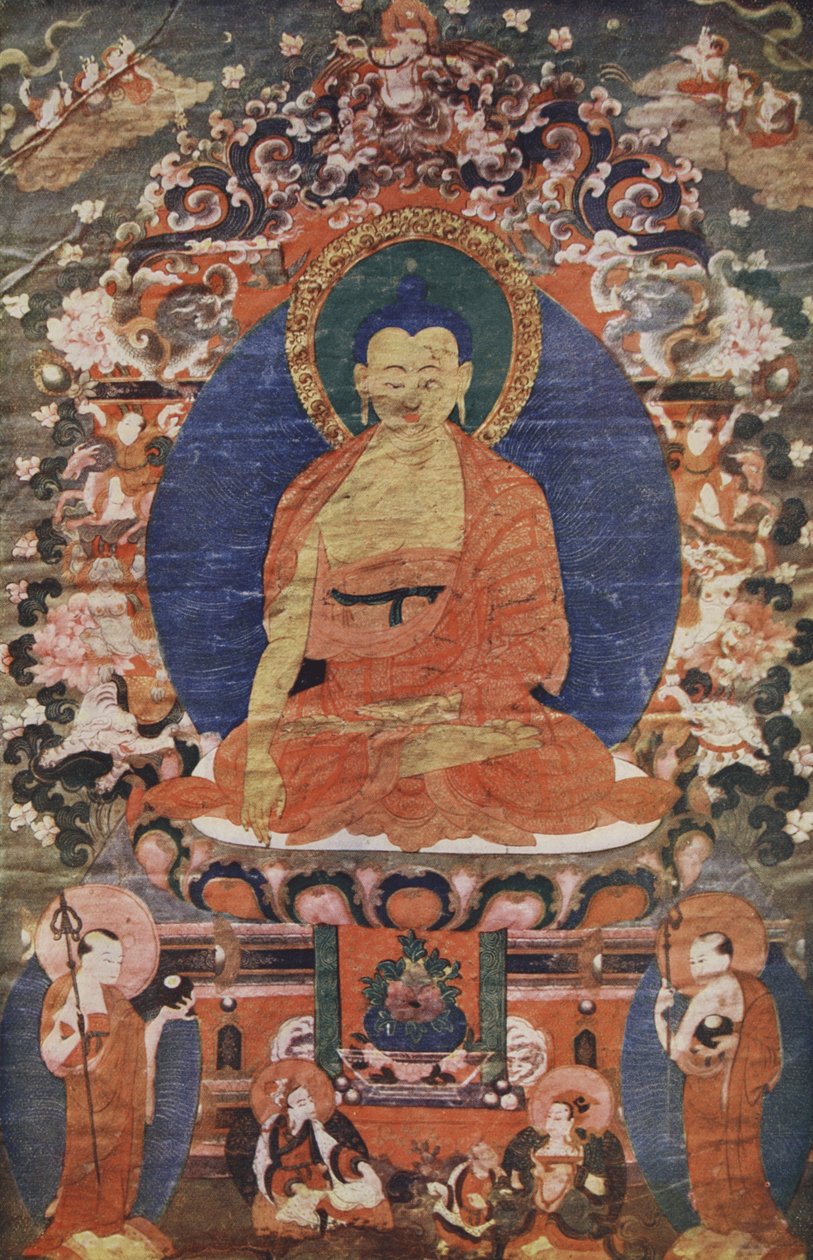 Tibetaanse tempelafbeelding van Boeddha op de troon, 18e eeuw, gereproduceerd in The Outline of History: being a plain history of life and mankind door H.G. Wells, Londen door Tibetan School