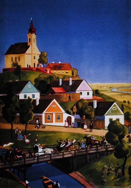 Het typische Hongaarse dorp, illustratie uit een toeristenbrochure, ca. 1930-40 door Tibor Polya