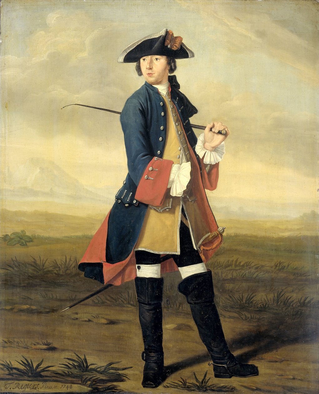 Portret van Ludolf Backhuysen II, Schilder, in het Uniform van de Dragonders door Tibout Regters