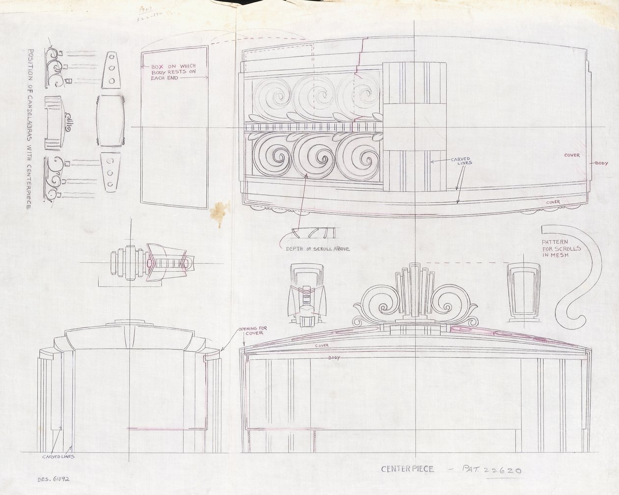 Een tekening van ontwerp voor een Tiffany & Co. expositie middelpunt en twee drie-armige kandelabers, gemaakt voor de Wereldtentoonstelling van 1939, ca. 1939 door Tiffany and Company
