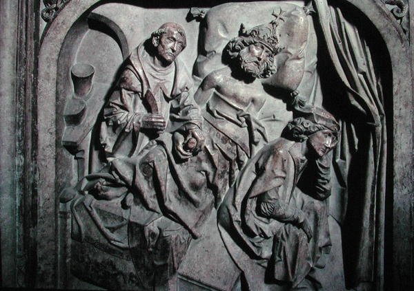 Graf van Hendrik II (973-1024) en zijn vrouw Kunigunde, detail van de keizer geopereerd door St. Benedictus door Tilman Riemenschneider