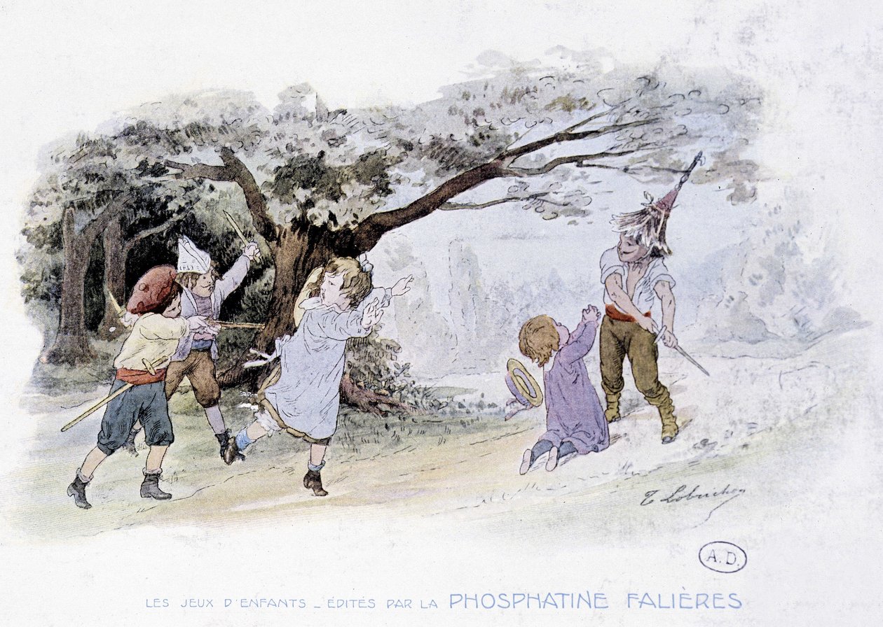 Kinderspelen: kinderen spelen oorlog, soldaten - tek. door Lobrichon, ed. door Phosphatine Falières, ca. 1920 door Timoleon Marie Lobrichon