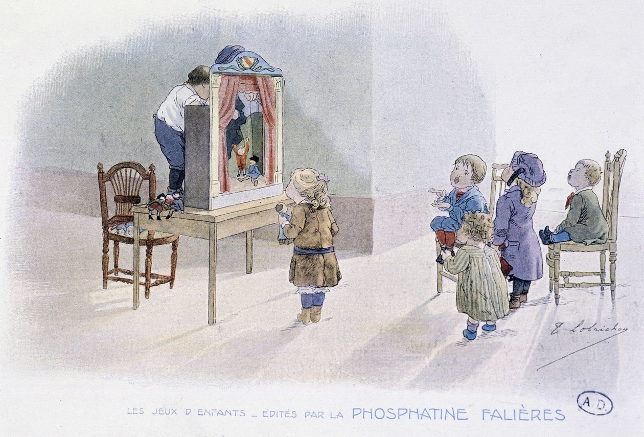 Kinderspelen: poppen (Guignol?) - tek. door Lobrichon, ed. door Phosphatine Falières, ca. 1920 door Timoleon Marie Lobrichon