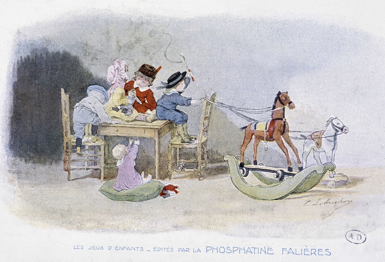 Kinderspelen: schommelpaarden - tek. door Lobrichon, uitgegeven door Phosphatine Falières, ca. 1920 door Timoleon Marie Lobrichon