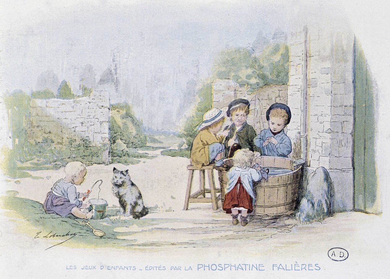 Kinderspelen: het spel van vissen in een emmer - tek. door Lobrichon, uitgegeven door Phosphatine Falieres, ca. 1920 door Timoleon Marie Lobrichon