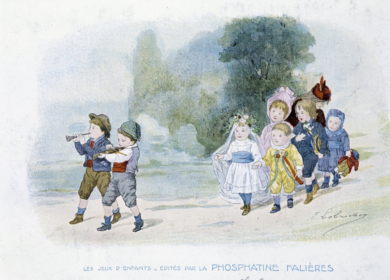 Kinderspelen: trouwstoet, kinderen verkleed als bruiden - getekend door Lobrichon, uitgegeven door Phosphatine Falières, circa 1920 door Timoleon Marie Lobrichon