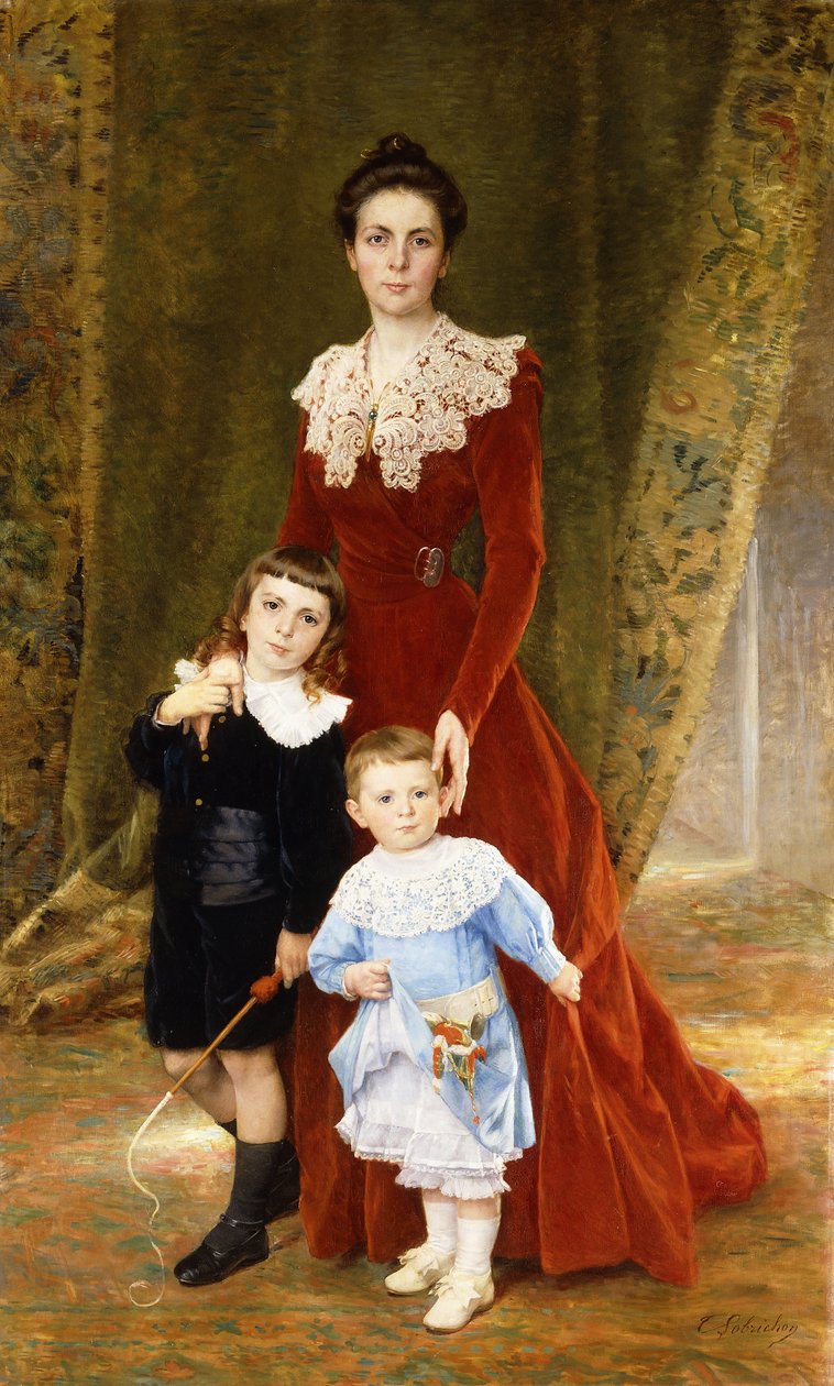 Portret van een dame, staand op volledige lengte, met haar kinderen door Timoleon Marie Lobrichon