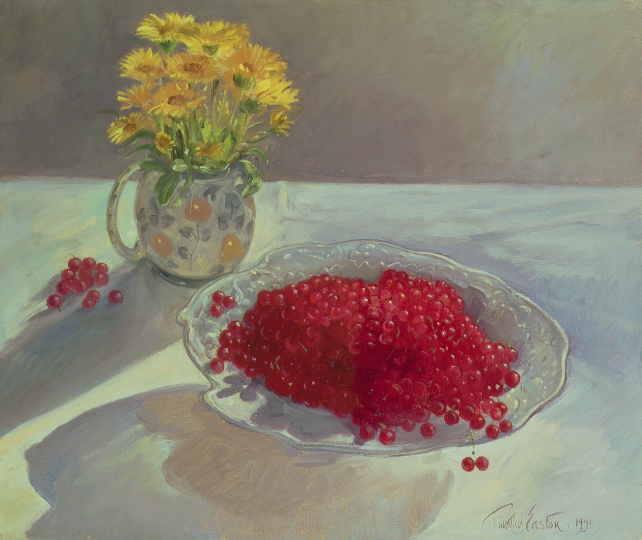 Stilleven met Aalbessen en Goudsbloemen, 1991 door Timothy Easton