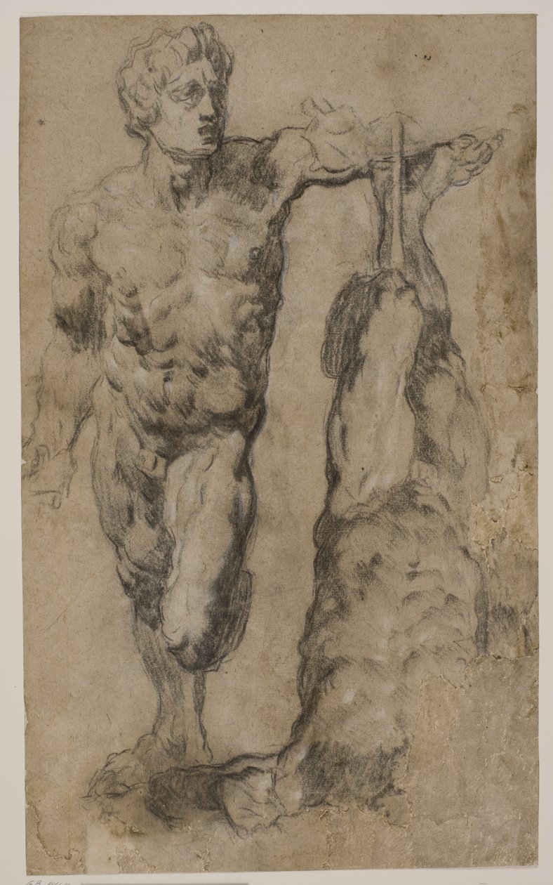 Twee studies van een beeldhouwwerk van een mannelijke figuur door Tintoretto