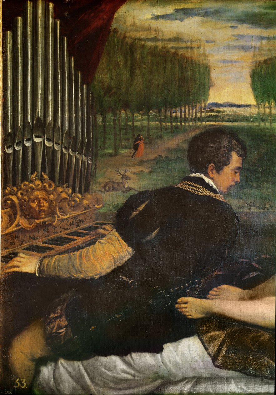 Venus met een Organist en Cupido (detail van de organist), c.1540-50 door Tiziano Vecelli