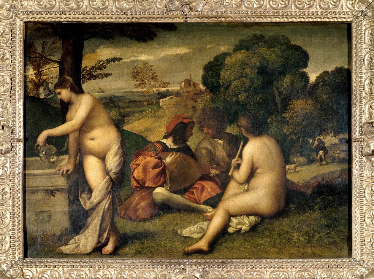 Het bandconcert Muzikanten op het gras, de twee vrouwen zijn naakt, een van hen vult haar kruik met water bij een fontein. Schilderij toegeschreven aan Tiziano Vecellio genaamd Titiaan (1485-1576) of Giorgio da Castelfranco genaamd Giorgione (1476/1478-151 door Titian (c.1488 1576) (attr. to)