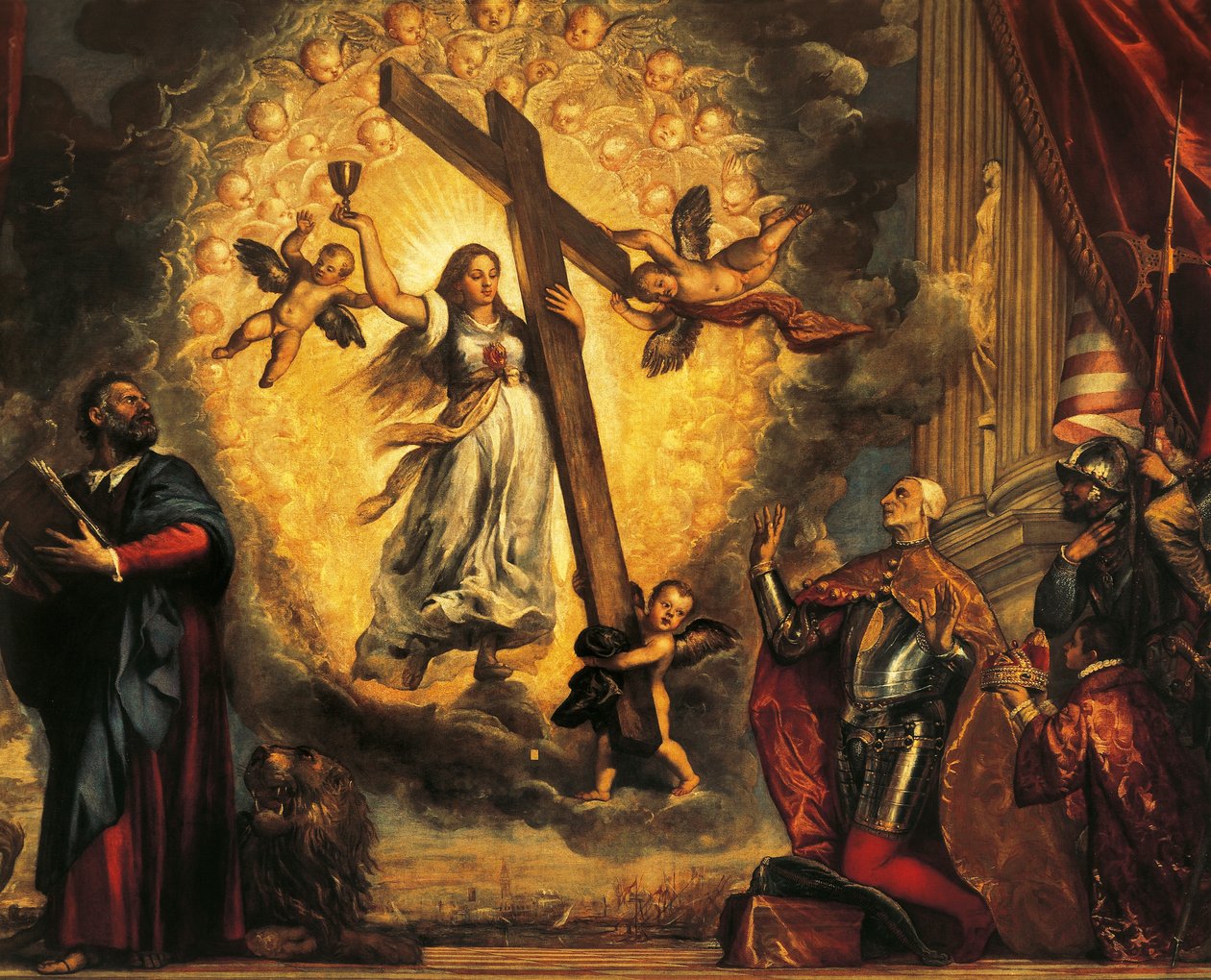 Doge Antonio Grimani knielend voor Geloof en St. Marcus, door Titiaan door Titian (c.1488 1576)