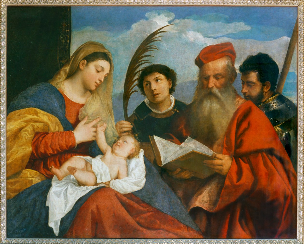De maagd en het kind met de heilige Stefanus, de heilige Hiëronymus ... door Titian (c.1488 1576)