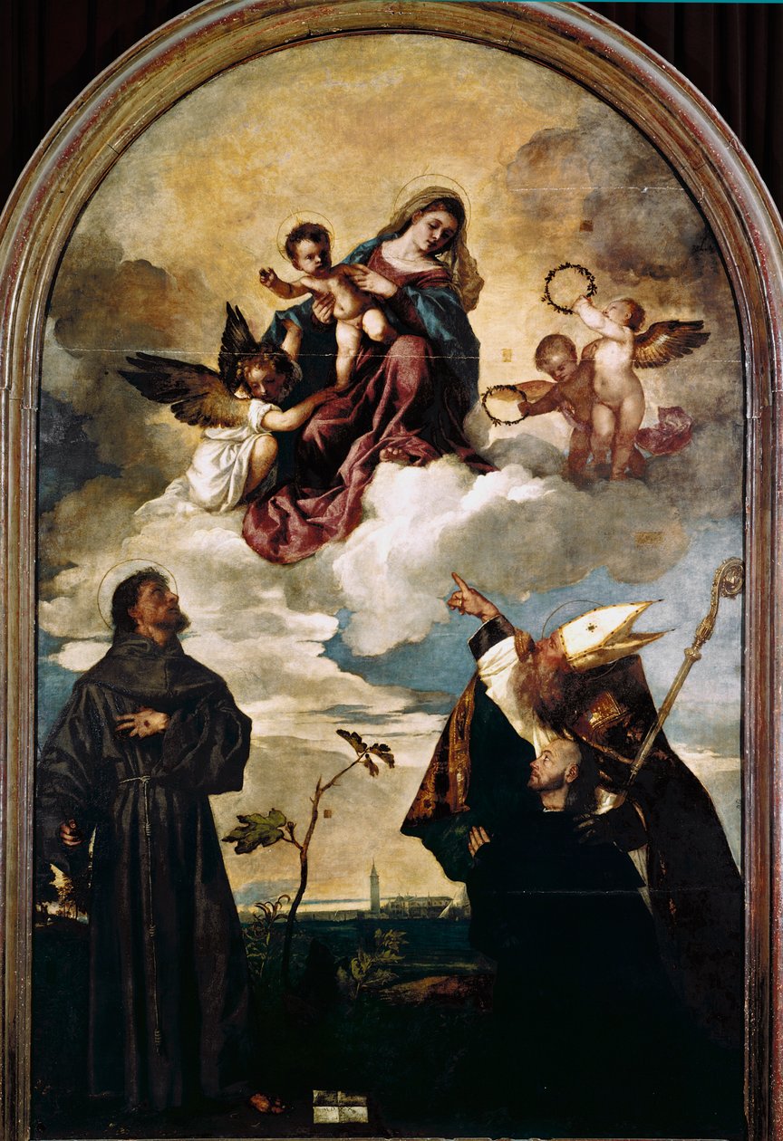 Madonna in glorie met kind, heiligen Franciscus en Alvise en de schenker Luigi Gozzi door Titian (c.1488 1576)