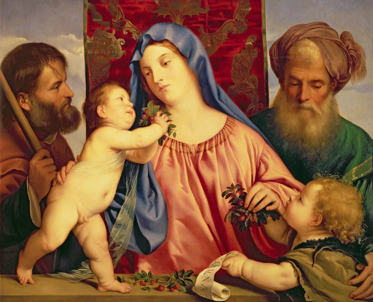 Madonna van de kersen met Jozef, St. Zacharias en Johannes de Doper door Tiziano Vecelli
