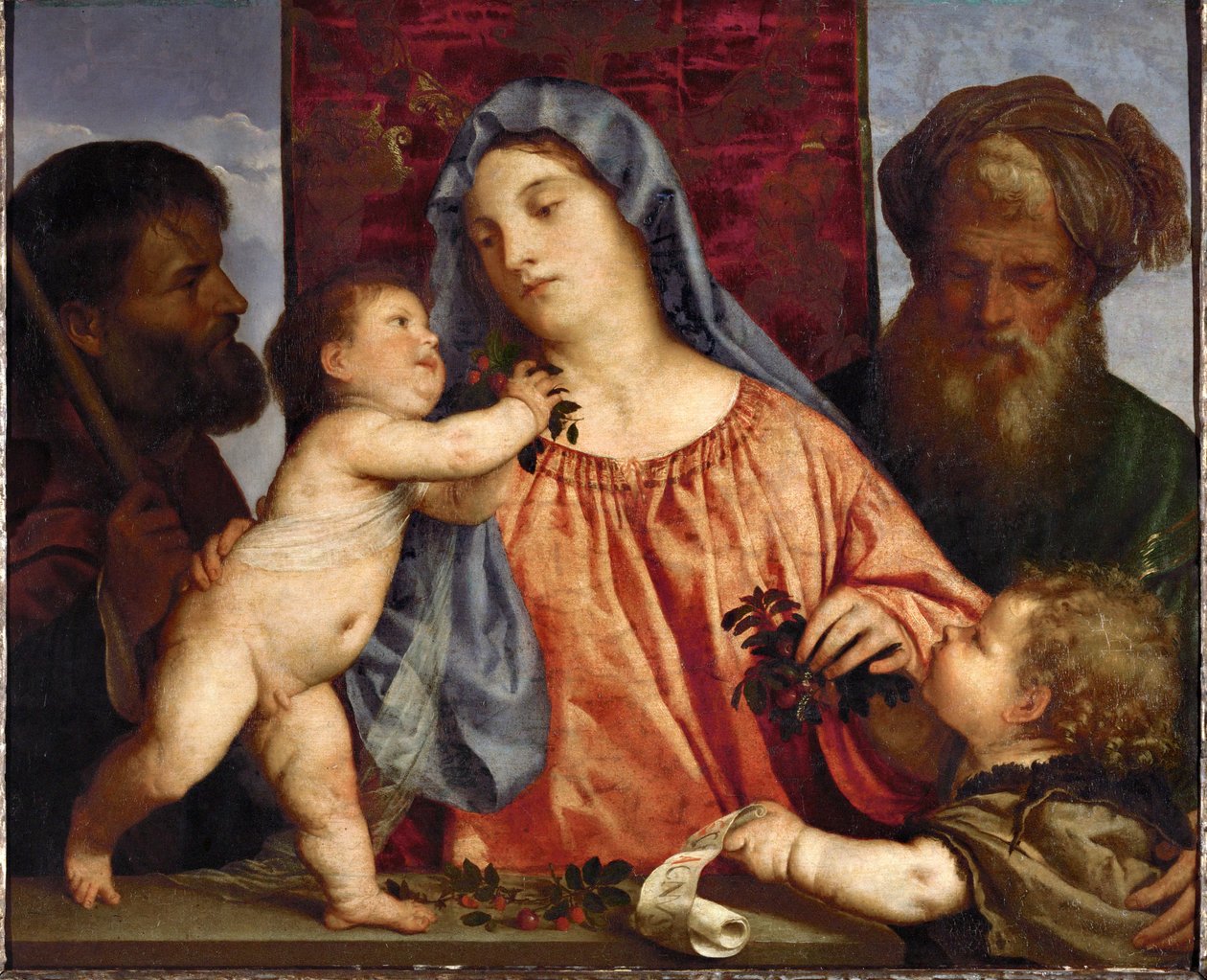 Madonna met kersen ... (olieverf op doek) door Titian (c.1488 1576)