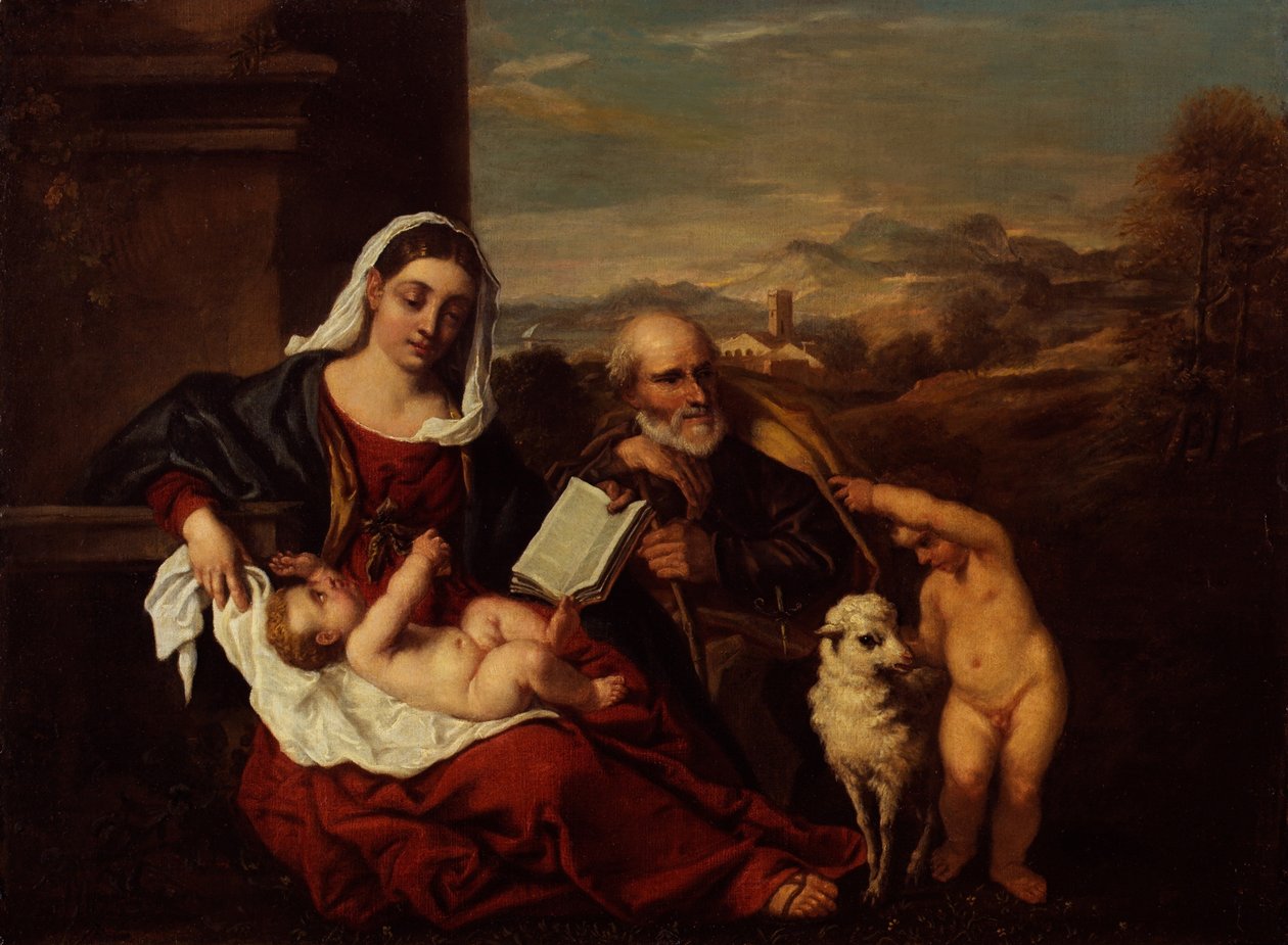 De Heilige Familie met de jonge St. Johannes de Doper door Titian (c.1488 1576) (after)