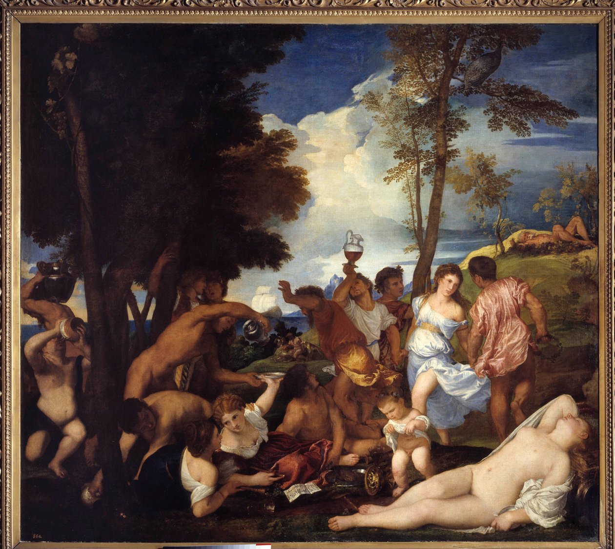 Aankomst van Bacchus op het eiland Andros (Baccanale degli Andrii). Beeld van feest van saters en bacchanten ter ere van de god Bacchus (Bacchanaal). Schilderij door Tiziano Vecellio genaamd de Titiaan (1485-1576), v door Tiziano Vecelli