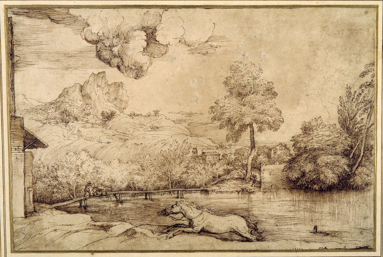 Landschap: een ruiterloos paard achtervolgd door een slang door Titian (c.1488 1576)
