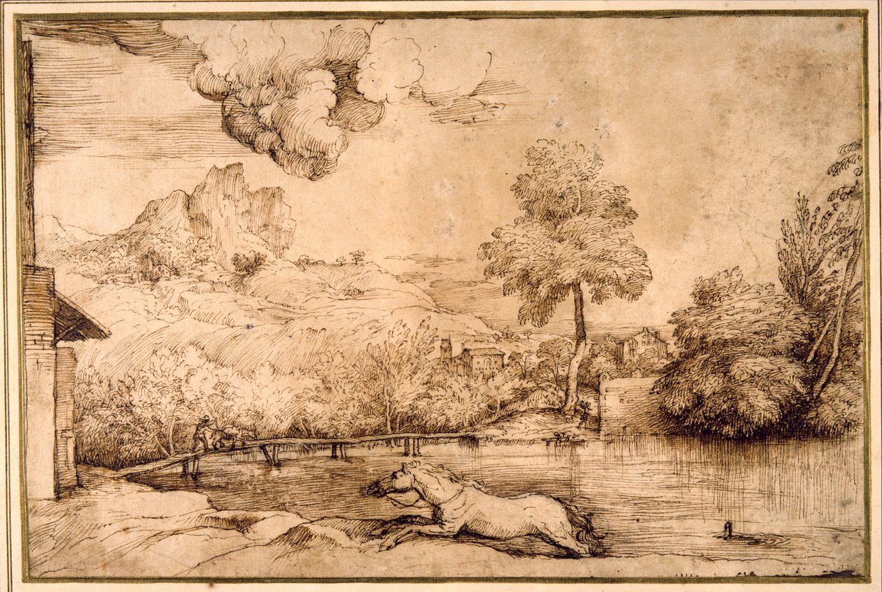 Landschap: een ruiterloos paard achtervolgd door een slang door Titian (c.1488 1576)