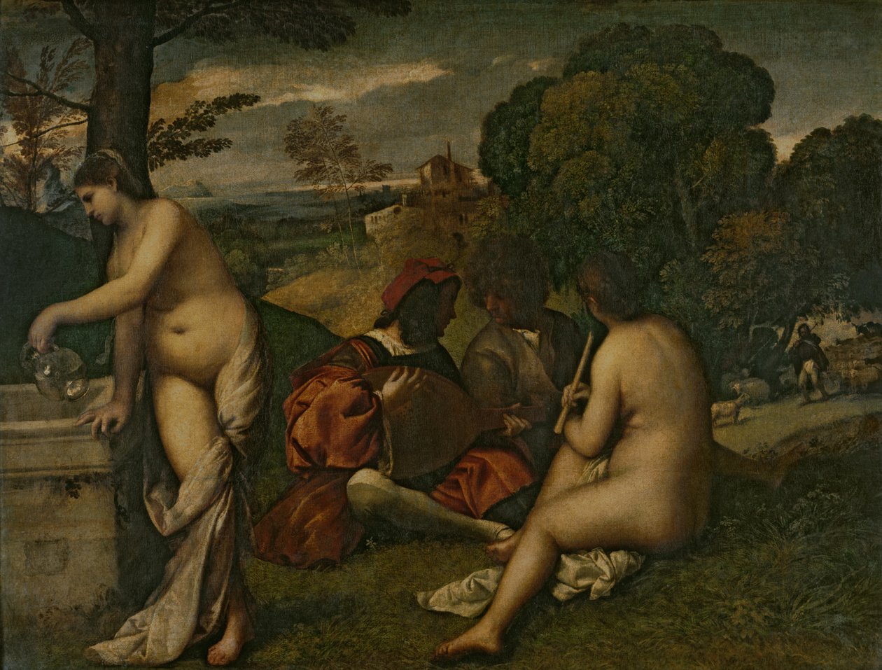 Het Openluchtconcert, ca. 1510 door Tiziano Vecelli