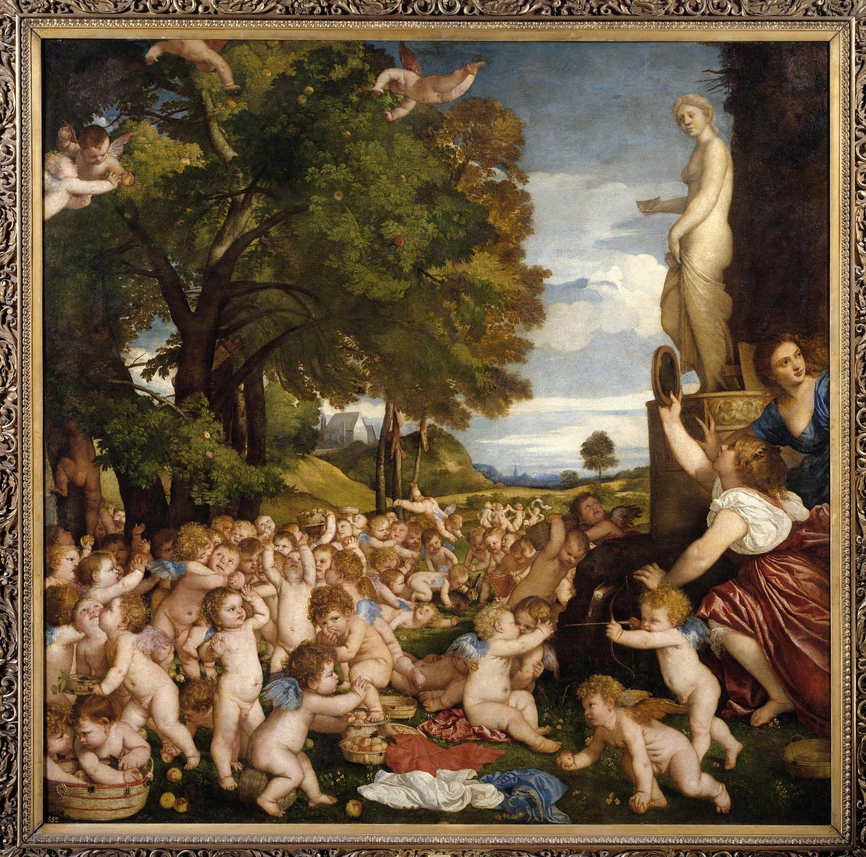 Offrande aan Venus Kleine liefdes (engeltjes) verzamelen zich om eer te bewijzen aan de godin Aphrodite door Tiziano Vecelli