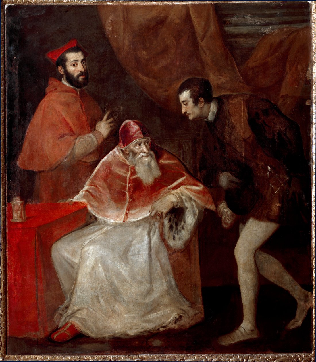 Paus Paulus III en zijn kleinzonen (Alessandro en Ottavio Farnese) door Tiziano Vecelli