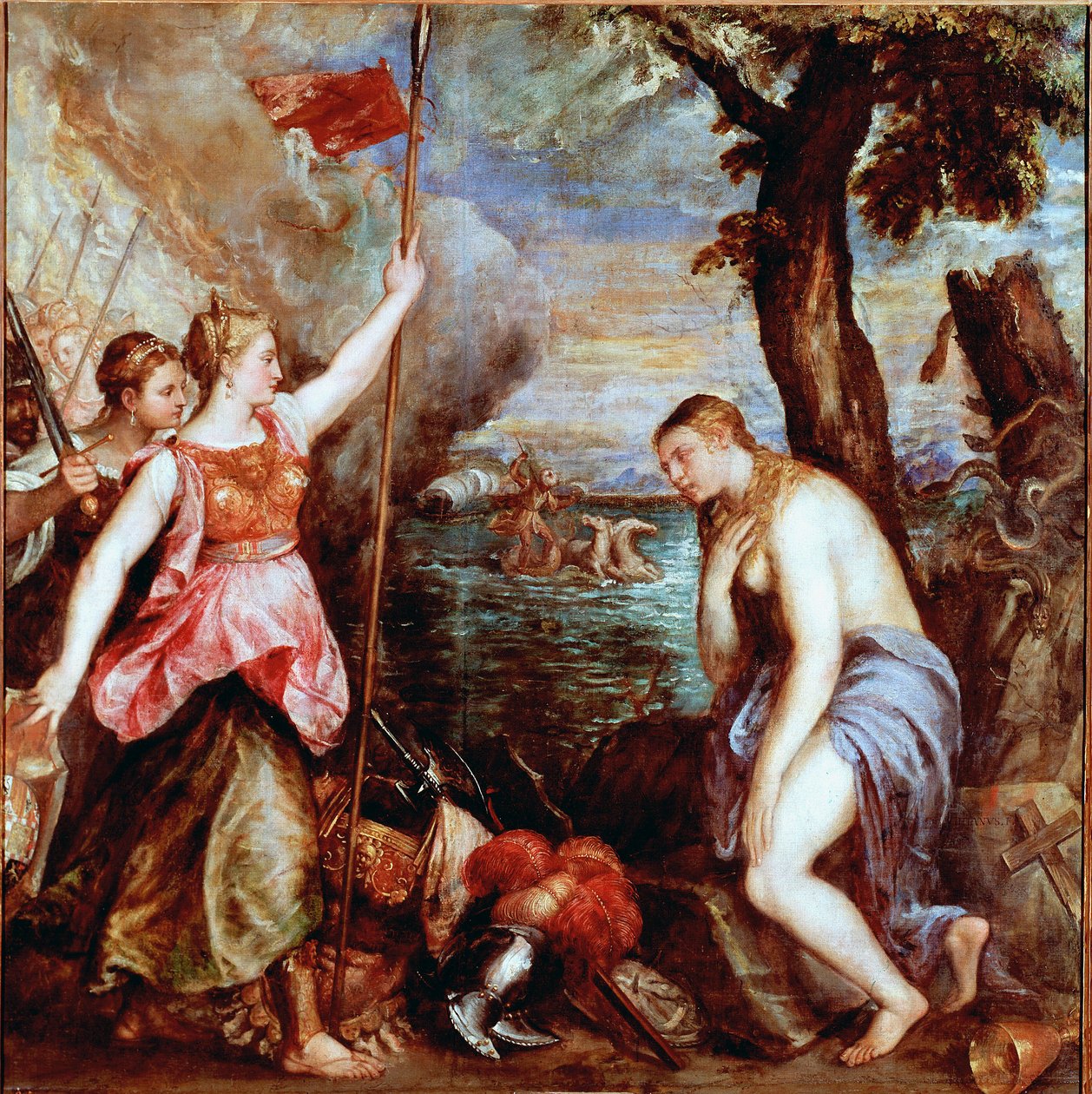 Spanje ter hulp van de Religie: allegorie van de overwinning van de troepen van paus Pius V (waaronder Spanje) over de vloot van het Ottomaanse Rijk in de zeeslag bij Lepanto in 1571. Een naakte vrouw (religie) wordt gered door een krijger die Spanje verte door Tiziano Vecelli