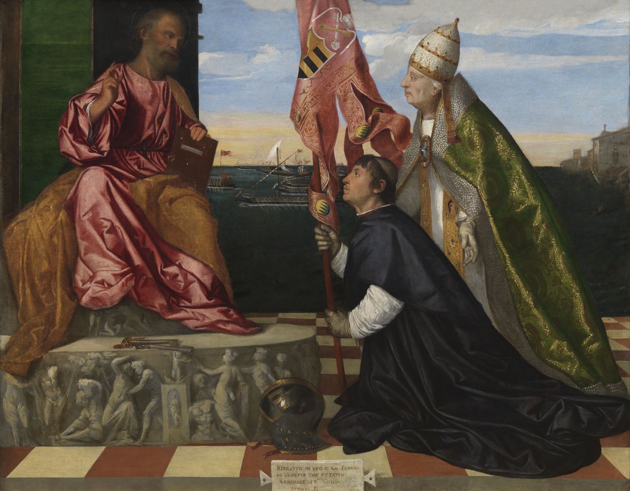 Dutch: Jacopo Pesaro, bisschop van Paphos, door paus Alexander VI Borgia voorgesteld aan de heilige Petrus Jacopo Pesaro, Bishop of Paphos, being Presented by Pope Alexander VI to Saint Peter door Titian