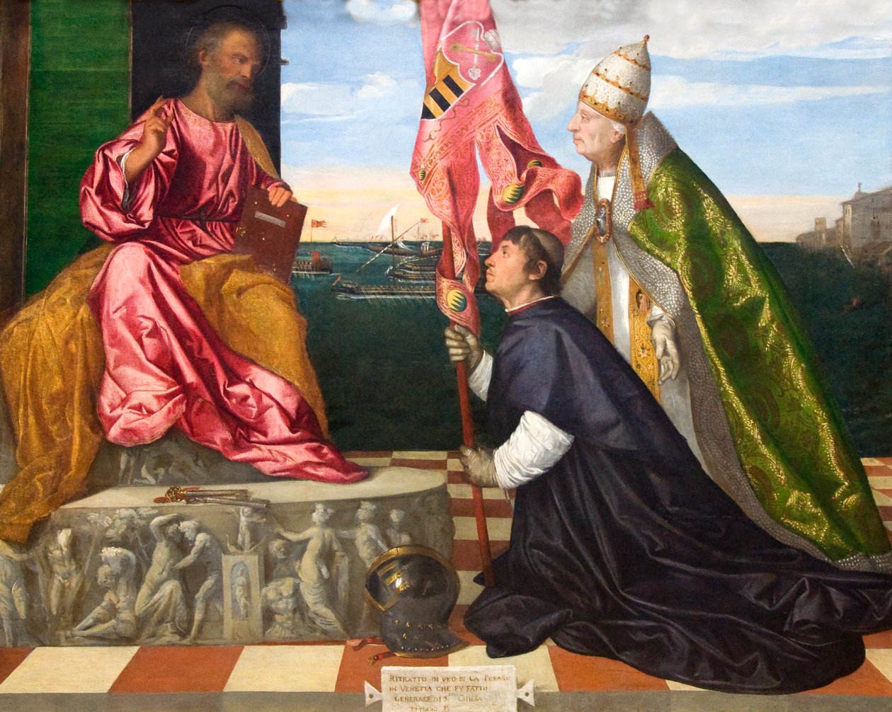 Dutch: Jacopo Pesaro, bisschop van Paphos, door paus Alexander VI Borgia voorgesteld aan de heilige Petrus Jacopo Pesaro, Bishop of Paphos, being Presented by Pope Alexander VI to Saint Peter door Titian