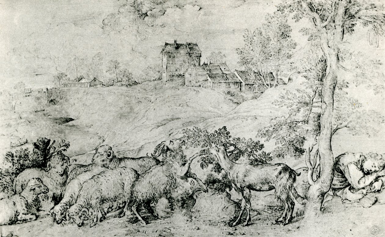 Landschap met kudde schapen door Tiziano Vecelli