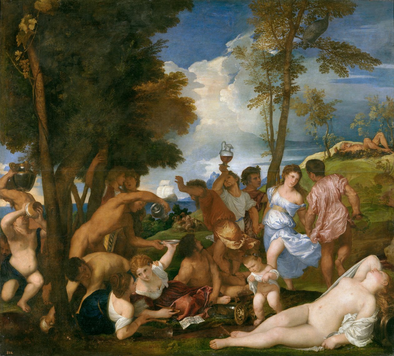 Spaans:  La bacanal de los andrios Het bacchanaal van de Andriërs door Titian